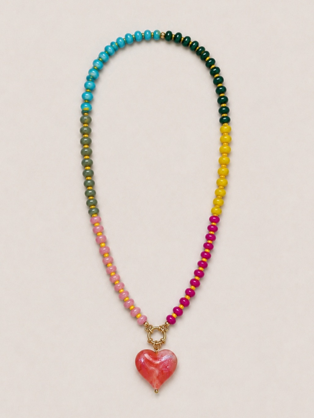 New! Multicolor Beaded Necklace with Pink Heart Pendant